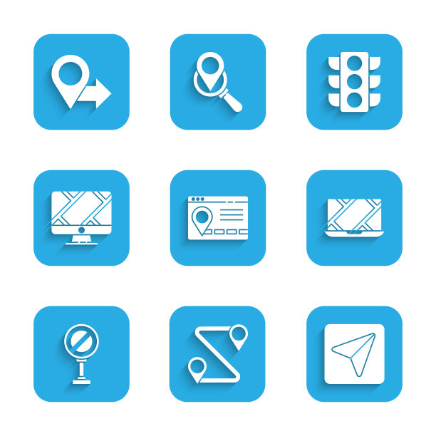 设置信息图的城市地图导航，路线位置，城市，停车标志，监视器与标记，交通灯和位置图标。向量图片下载