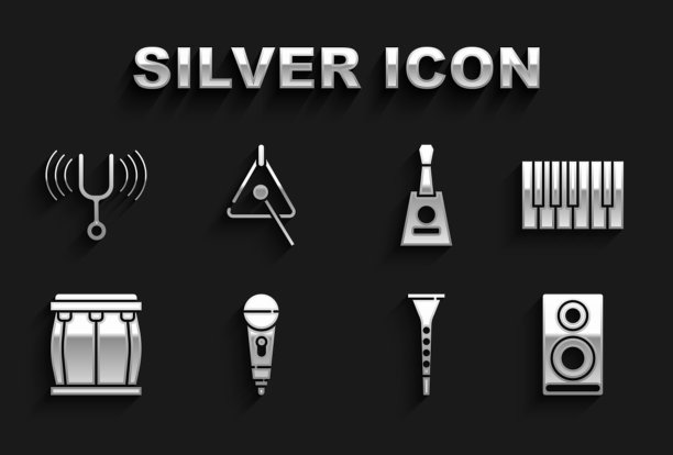 设置麦克风，大钢琴，立体声扬声器，单簧管，鼓，巴拉莱卡，音乐音叉和三角图标。向量图片下载