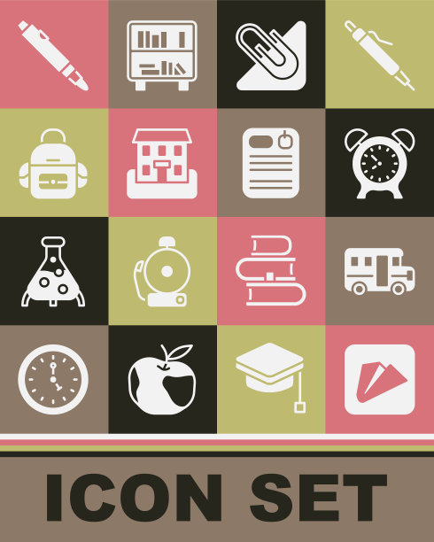 设置纸飞机，校车，闹钟，夹子，建筑，背包，记号笔和档案文件夹图标。向量图片下载