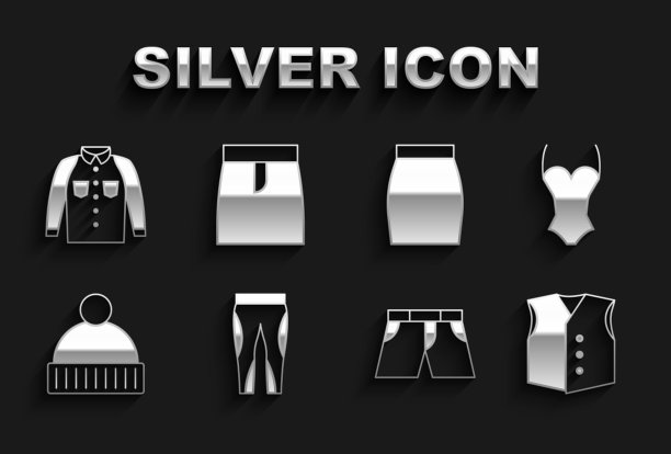 套装打底裤，泳衣，马甲，短裤或裤子，无边帽，裙子，衬衫和图标。向量图片下载