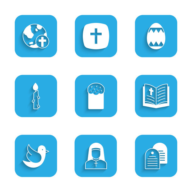 集复活节蛋糕，修女，圣经书，鸽子，燃烧的蜡烛，鸡蛋和基督教十字架与全球图标。向量图片下载