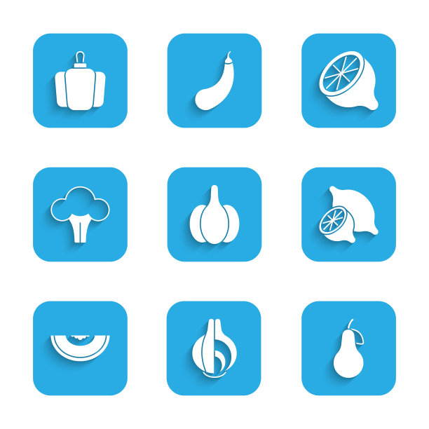 设置大蒜，洋葱，梨，柠檬，瓜果，西兰花和甜椒图标。向量图片下载