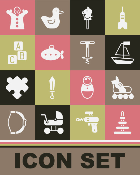 集金字塔玩具，轮滑，玩具船，马，潜艇，ABC块，木偶娃娃在手上和Pogo棒跳跃图标。向量图片下载