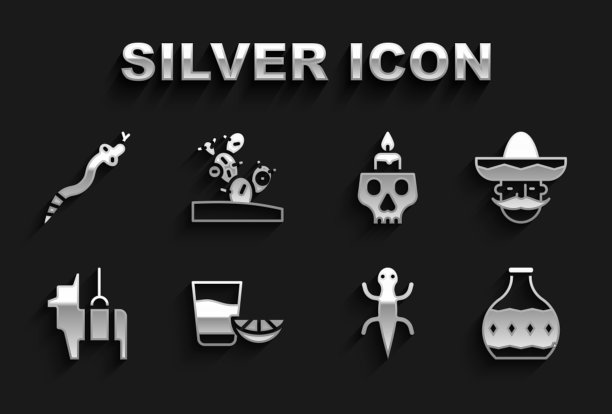 集龙舌兰酒玻璃杯柠檬，墨西哥人宽边帽，瓶子，蜥蜴，皮纳塔，燃烧蜡烛头骨，蛇和仙人掌图标。向量图片下载