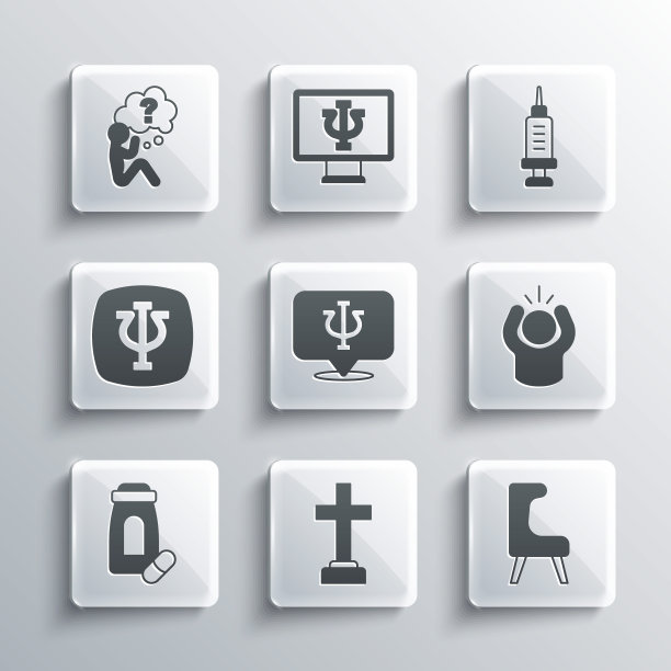 设置坟墓葬礼悲伤，扶手椅，愤怒，心理学，Psi，镇静药丸，头部问号和成瘾的药物图标。向量图片下载