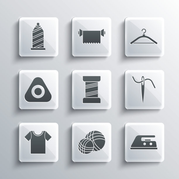 集纱球，电熨斗，针缝纫与线，缝纫，t恤，粉笔，和衣架衣柜图标。向量图片下载