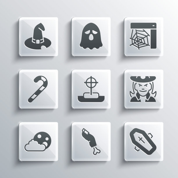 设置僵尸手指，棺材与十字架，女巫，墓碑，月亮和星星，圣诞糖果手杖，帽子和蜘蛛网图标。向量图片下载