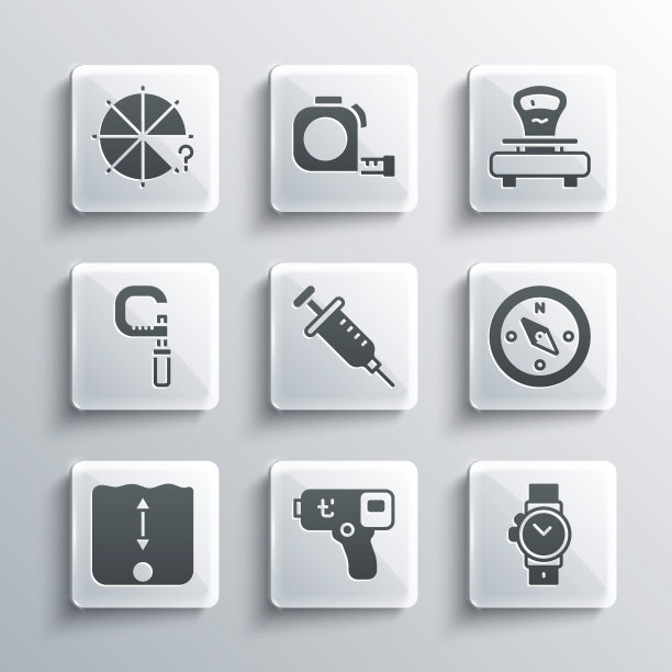 设置数字温度计，腕表，指南针，注射器，深度测量，千分尺，圆片和刻度图标。向量图片下载