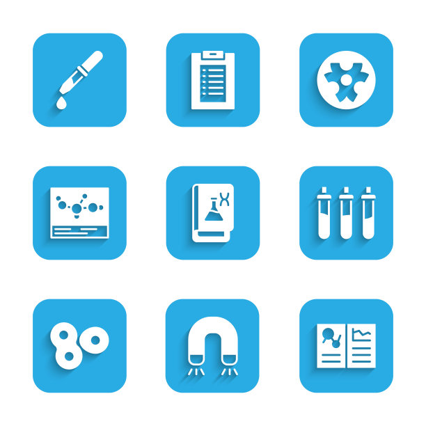 集基因工程书，磁铁，临床记录，试剂瓶，细胞分裂，化学式，生物危害符号和移液管图标。向量图片下载