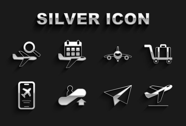 设置自动扶梯，手推车行李，飞机起飞，纸飞机，手机机票，飞机搜索和日历和图标。向量图片下载