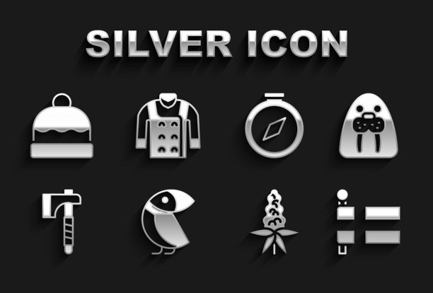 集信天翁，海象动物，冰岛国旗，羽扇豆花，木斧，指南针，无边帽和毛衣图标。向量图片下载