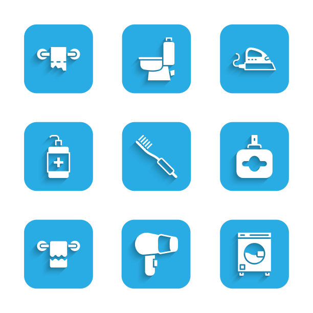 集牙刷，吹风机，洗衣机，香水，毛巾衣架，洗手液瓶，电熨斗和卫生纸卷图标。向量图片下载
