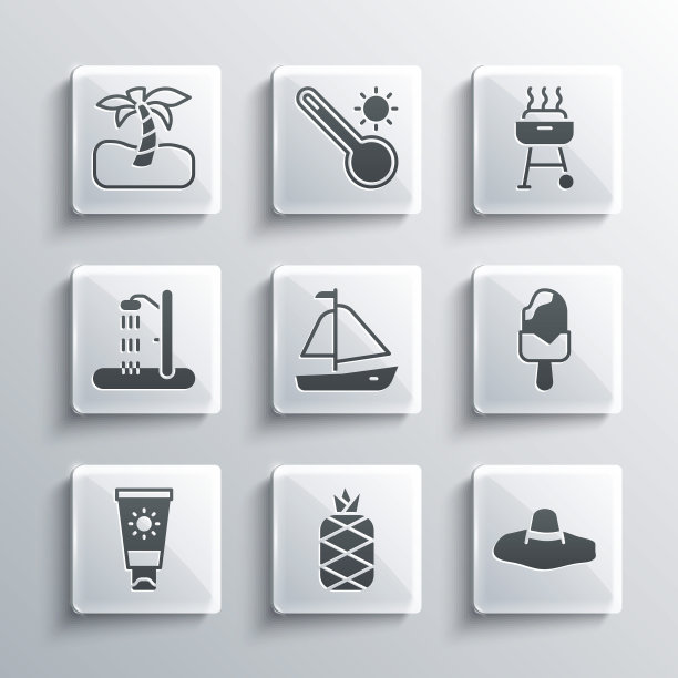 套装菠萝，优雅的女士帽子，冰淇淋，游艇帆船，防晒管，海滩淋浴，热带棕榈树和烧烤图标。向量图片下载