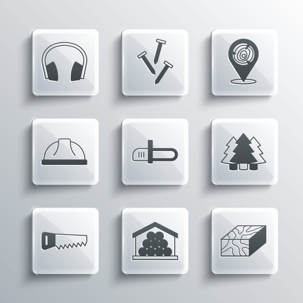 集原木，横梁，圣诞树，电锯，手，工人安全头盔，耳机和图标。向量图片下载