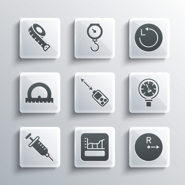 设置图形，时间表，图表，图表，半径，压力水表，激光测距仪，注射器，量角器，卷尺和图标。向量图片下载