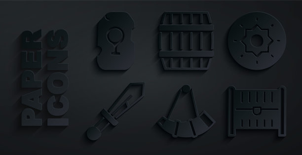 集狩猎号角，盾维京，中世纪剑，古董宝箱，木桶和魔法符文图标。向量图片下载