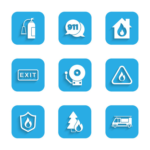 响铃闹钟、燃烧的森林树木、消防车、火焰三角形、保护盾、出口、燃烧的房屋和灭火器图标矢量图图片下载