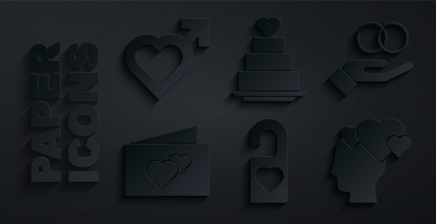 套装，请不要打扰，结婚戒指，贺卡，心形头像，蛋糕和心形男性性别图标。向量图片下载