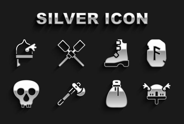 集木斧，魔法符文，海盗在有角的头盔，旧钱袋，头骨，古代海盗靴子，和桨桨船图标。向量图片下载