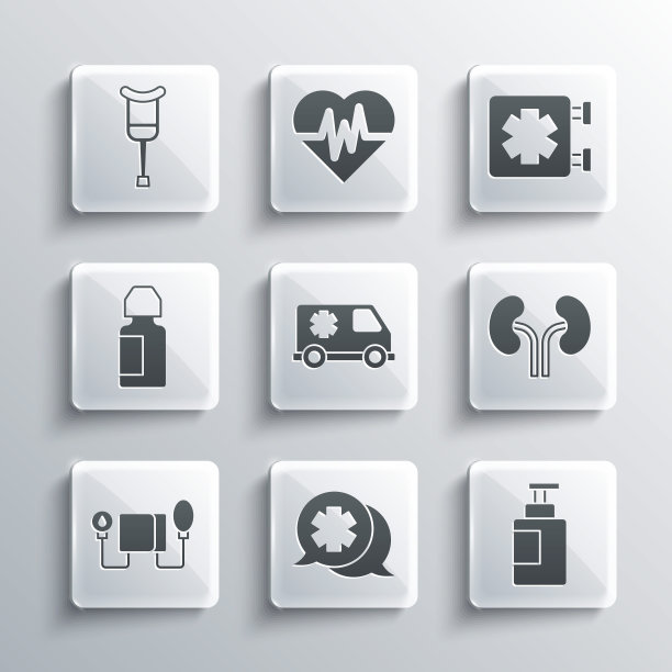 设置与医生对话，洗手液瓶，人体肾脏，急救车，血压，眼药水，拐杖拐杖和医疗符号的图标。向量图片下载