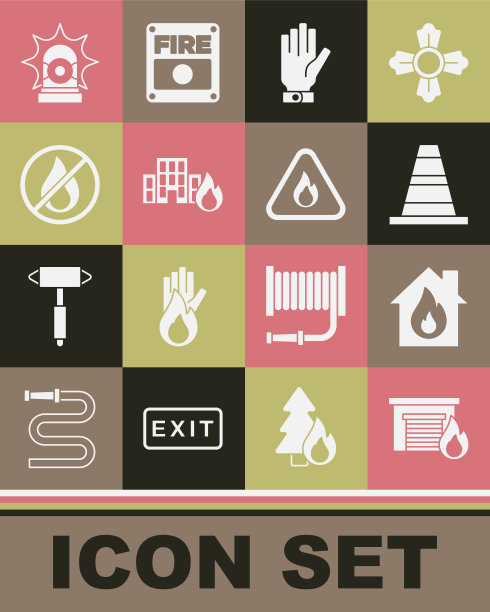 在燃烧的车库，房子，交通锥，消防员手套，建筑物，没有火，闪光警报器和火焰三角形图标设置火。向量图片下载