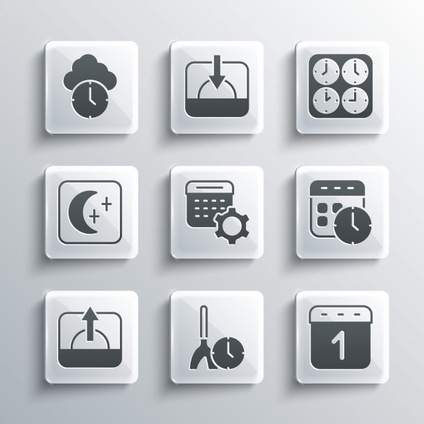 设置清洁时间，日历，时钟，设置，日出，月亮星星，时钟和时区时钟图标。向量图片下载