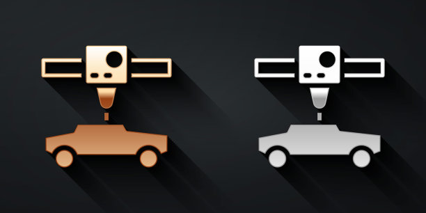 金色和银色3D打印机汽车图标孤立的黑色背景。3 d打印技术。长影式。向量图片下载