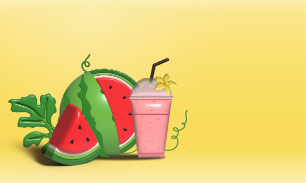 3D西瓜和多汁切片横幅图片下载