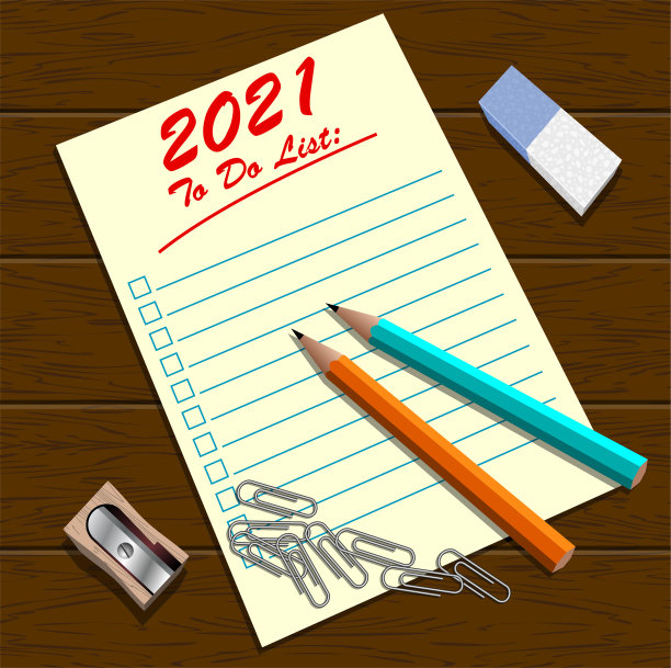 2021年用铅笔、卷笔刀和橡皮擦写下待办事项清单图片下载