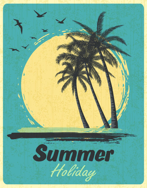 夏日热带日落与棕榈树。复古的枯燥乏味的背景。图片下载