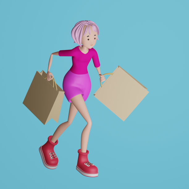 现代时尚女孩与购物袋。3D渲染，3D渲染。图片下载