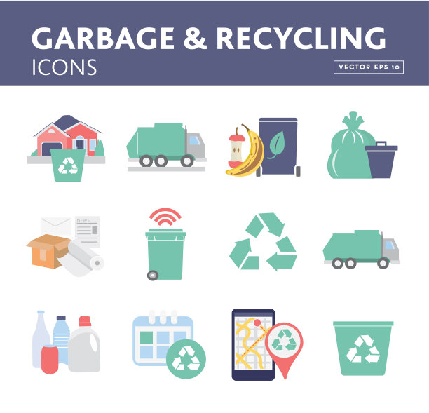 一组垃圾和回收图标和符号图片下载