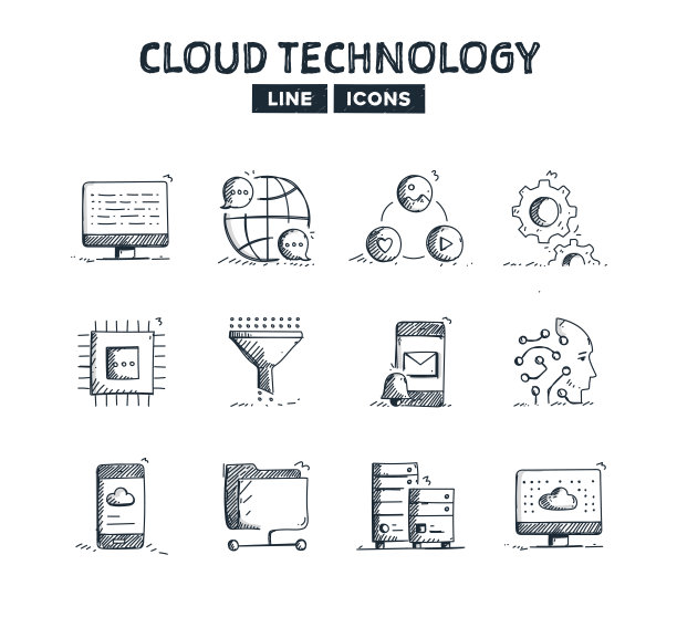 云技术手绘线图标集和草图设计图片下载