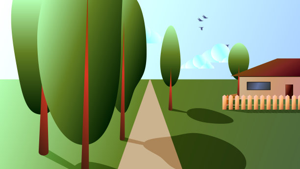 乡村景观——道路两旁的树木和田野里的房子。图片下载