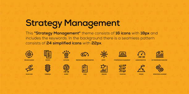 关于战略管理主题的线条图标。在后台有一个无缝模式和简化的图标。图片下载