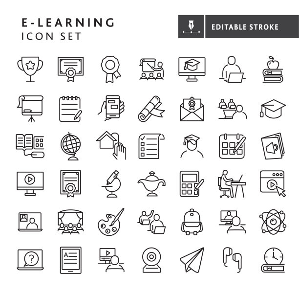 现代电子学习和教育图标概念细线风格-可编辑的笔触图片下载