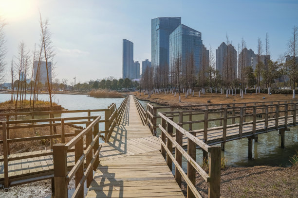 中国江苏省宜兴市的现代城市建筑天际线和公园美景图片下载