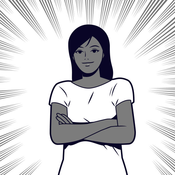 年轻漂亮的女子留着长长的直发，双臂交叉，穿着休闲的衣服，看着镜头，漫画效果线条背景图片下载