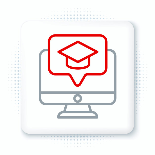 线条计算机显示器与毕业帽图标隔离在白色背景。在线学习或电子学习的概念。色彩斑斓的轮廓的概念。向量图片下载