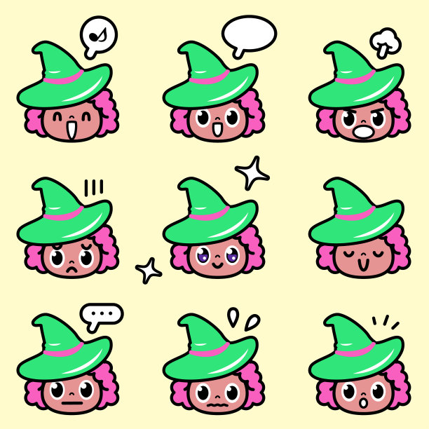 万圣节图标集：可爱的女巫和九种彩色面部表情图片下载