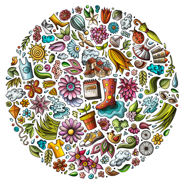 彩色手绘春卡通套装图片下载