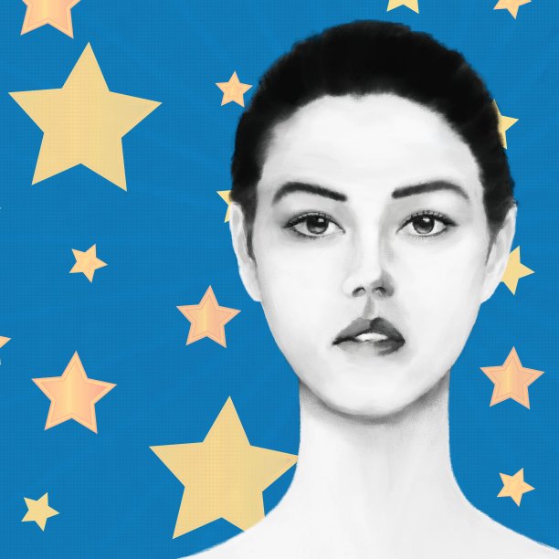 一名年轻女子的肖像与亚洲和欧洲的根装饰背景与明星的形象图片下载