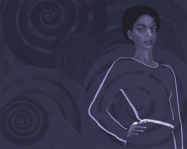 非裔美国模特在黑色的装饰背景上穿着黑色的连衣裙。凝视是指向观众的图片下载