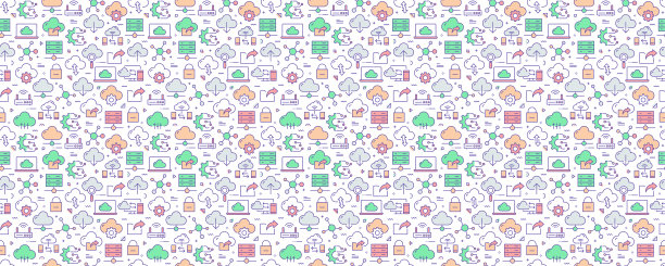 向量的设计模板和元素为云技术在流行的线性风格-无缝模式与线性图标相关的云技术-向量图片下载