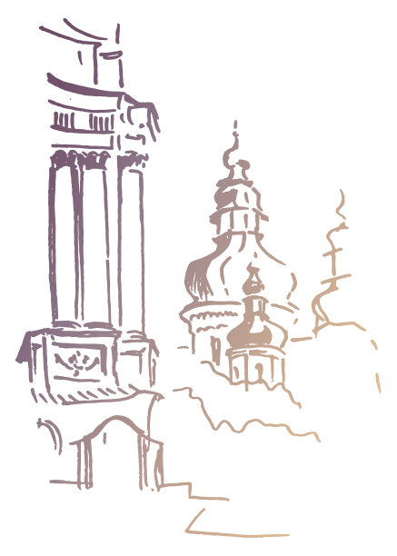 切尔尼赫夫大教堂钟楼碎片和圆顶的手绘笔墨素描景观。矢量自动描画黄金轮廓线图片下载