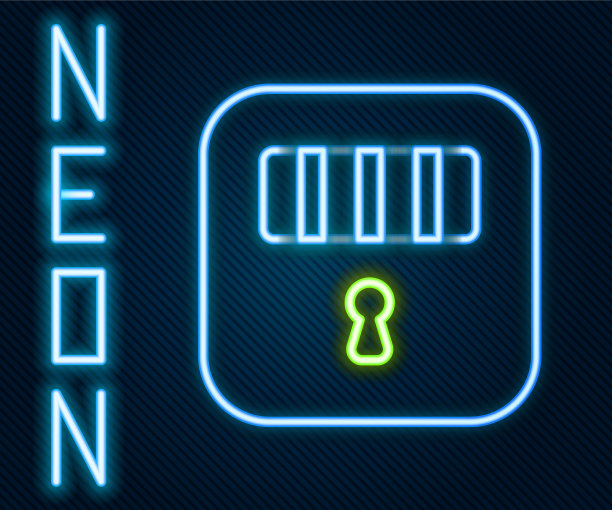 发光的霓虹灯排列着带烤架的牢房门图片下载