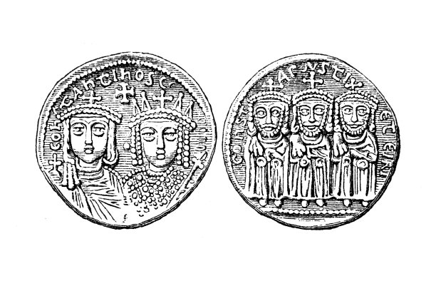 君士坦丁六世和艾琳。公元780-797年AV固相。君士坦丁堡硬币和利奥三世，君士坦丁五世和利奥四世面对面坐着，都戴着皇冠图片下载