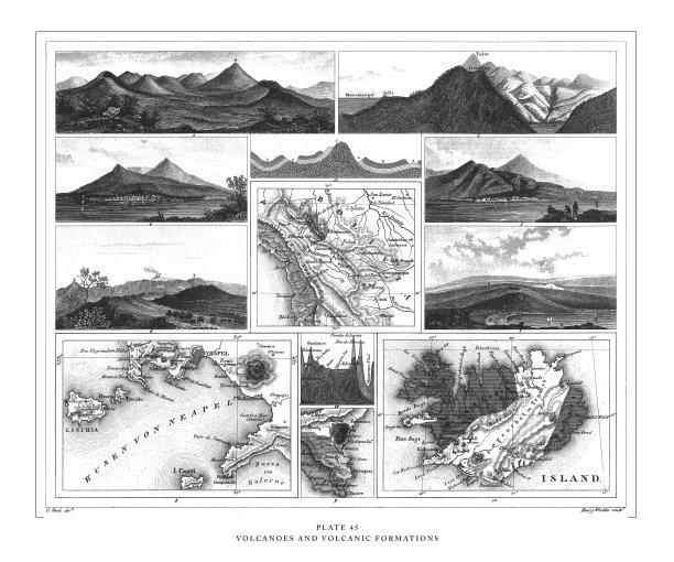 火山和火山形成雕刻古董插图，出版于1851年图片下载
