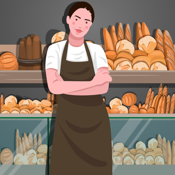 美丽的年轻女面包师站在面包店前微笑图片下载