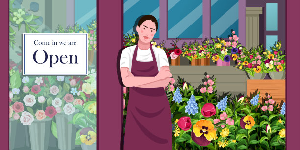 美丽的年轻女子花店站在花店前微笑图片下载